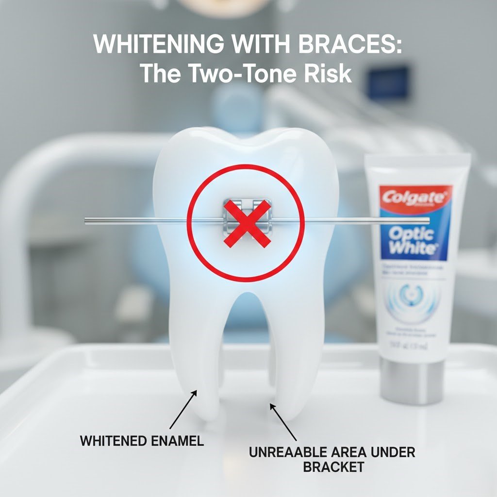 Brackets protect a portion of the tooth from topical treatments, including whitening agents.